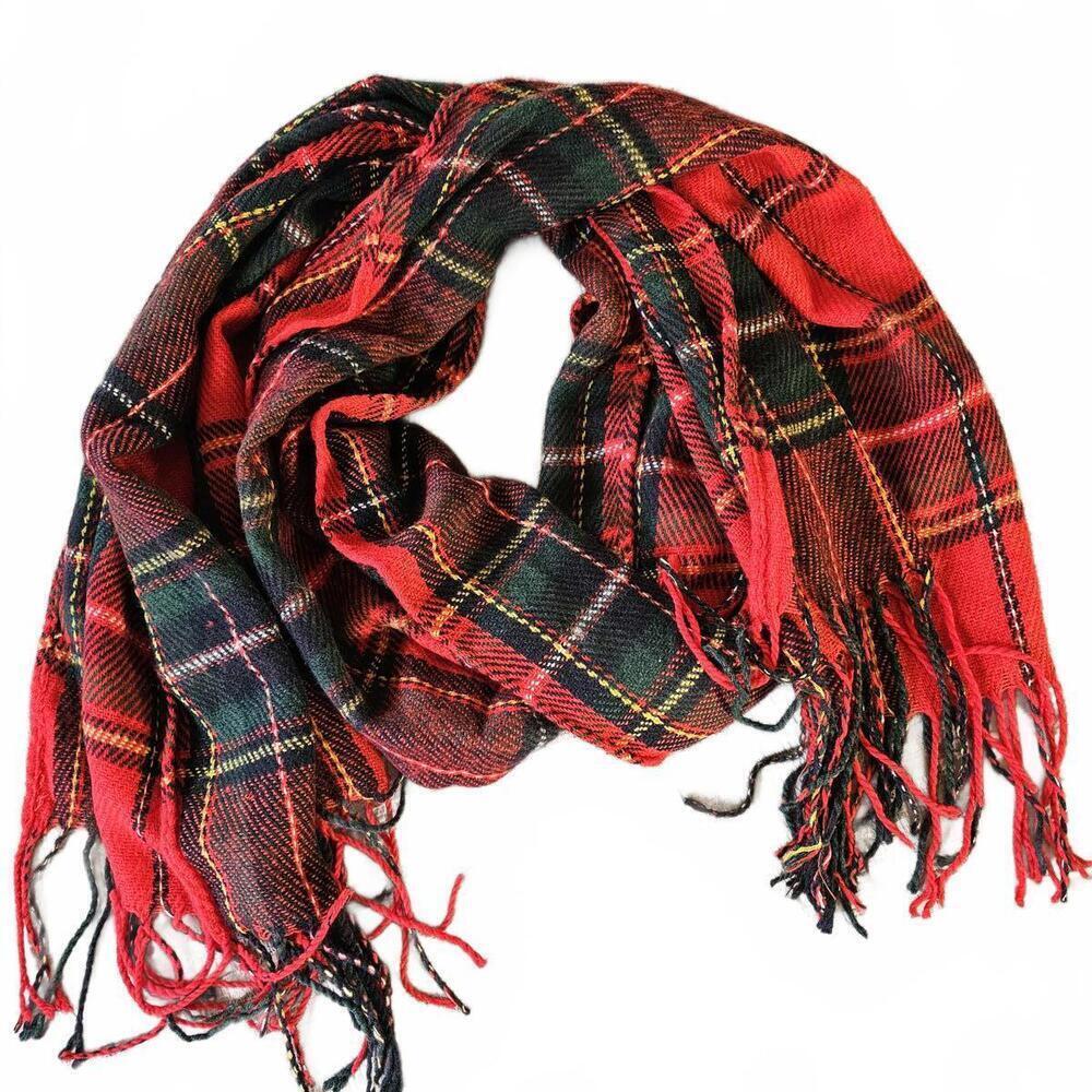 Red Plaid Patterned Winter Scarf with Fringe